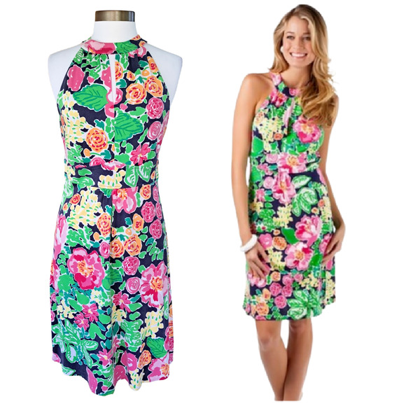 LILLY PULITZER Getaway Garden Valle Halter Dress Size Small Silk Knit Sheath - Picture 1 of 11